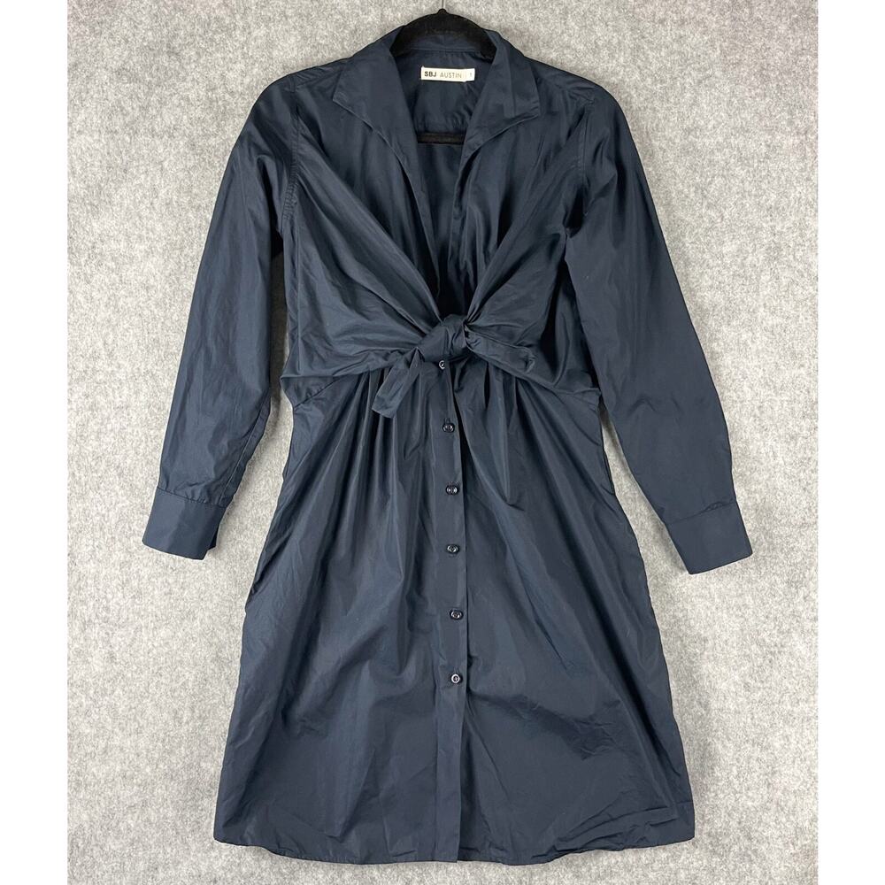 SBJ Austin Lauri Dress Womens 2/4 Navy Blue Poplin Front Tie Minimal Chic Modern